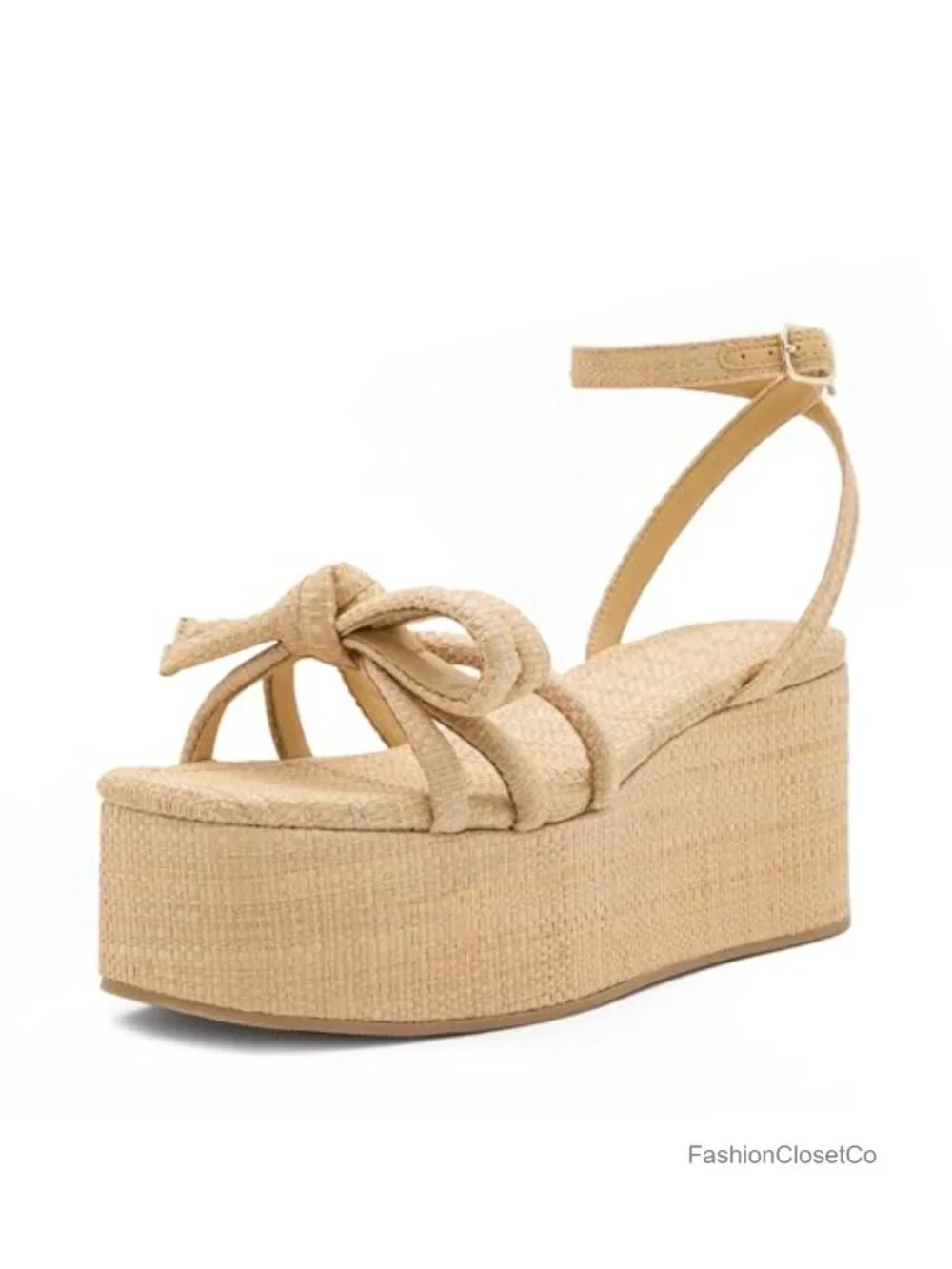 Raffia Platform Wedges Sandals Bow Ankle Strappy Espadrille Square Open Toe